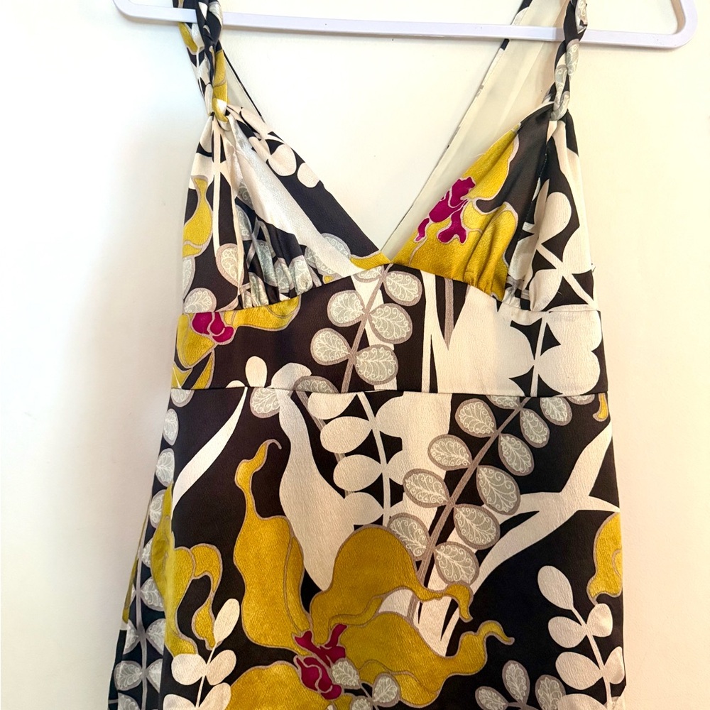 Trina Turk Elegant Cream, chocolate brown and chartreuse silk top